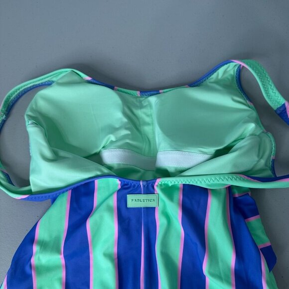 Fabletics Scoop Tie Back One Piece Swimsuit Small Stripe Green Purple - Picture 4 of 11